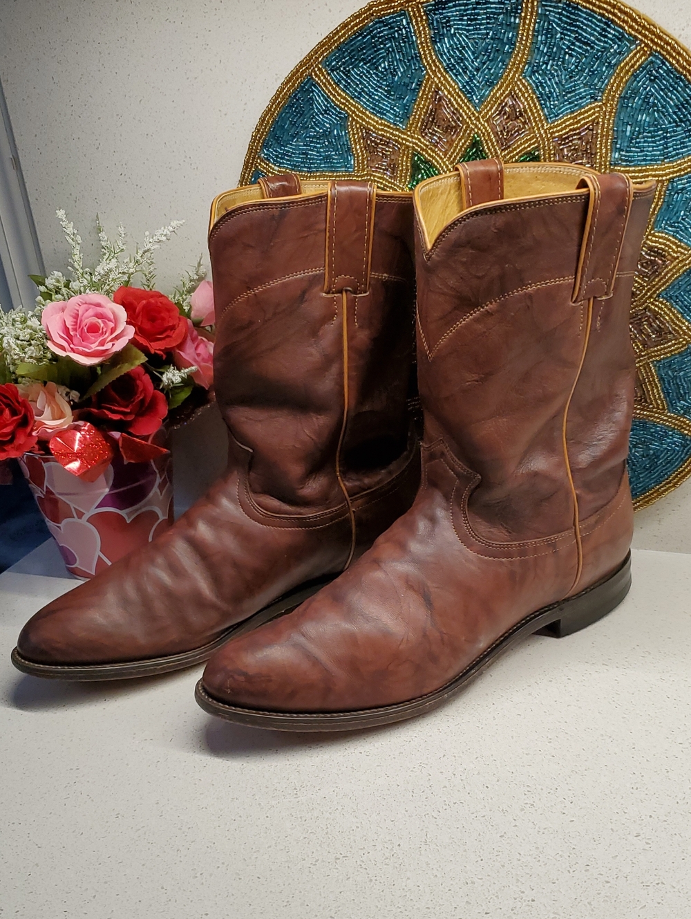 Vintage JUSTIN BOOTS Brown Leather Western Cowboy Boots (sz 11EE) wide fit